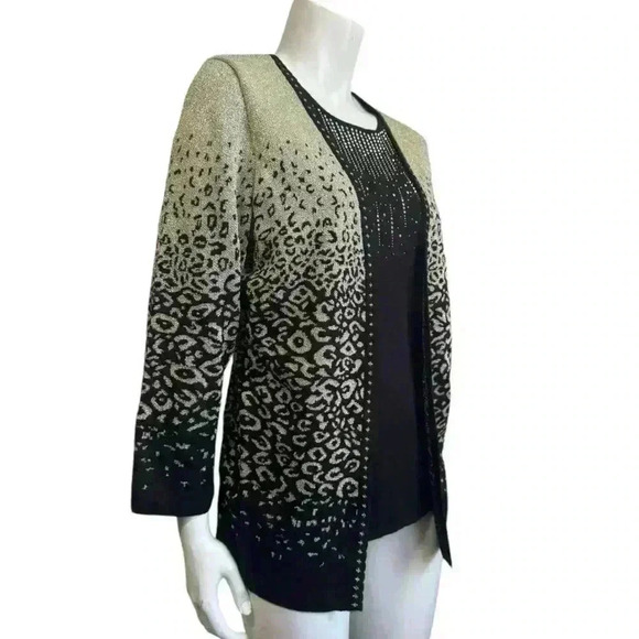 ALFRED DUNNER cardigan metallic studded black gold leopard sweater/shell medium - Picture 1 of 12